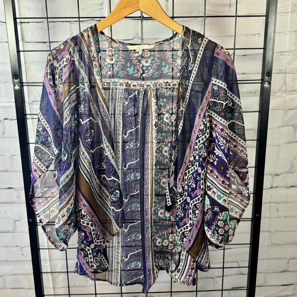 Black Poppy Boho Sheer Peasant Blouse | Small | Purple Multicolor Print - Picture 1 of 6